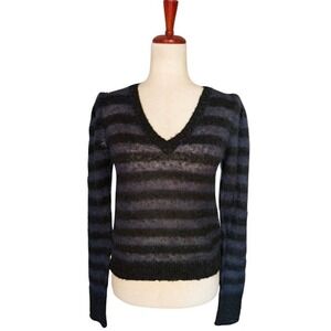 Dondup Mohair Blend Striped V-Neck Sweater Black and Blue Slim Fit Size Small